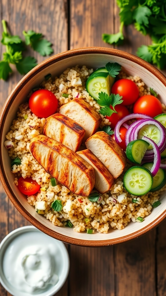 A colorful Mediterranean quinoa chicken bowl with grilled chicken, quinoa, cherry tomatoes, cucumber, and parsley on a wooden table.